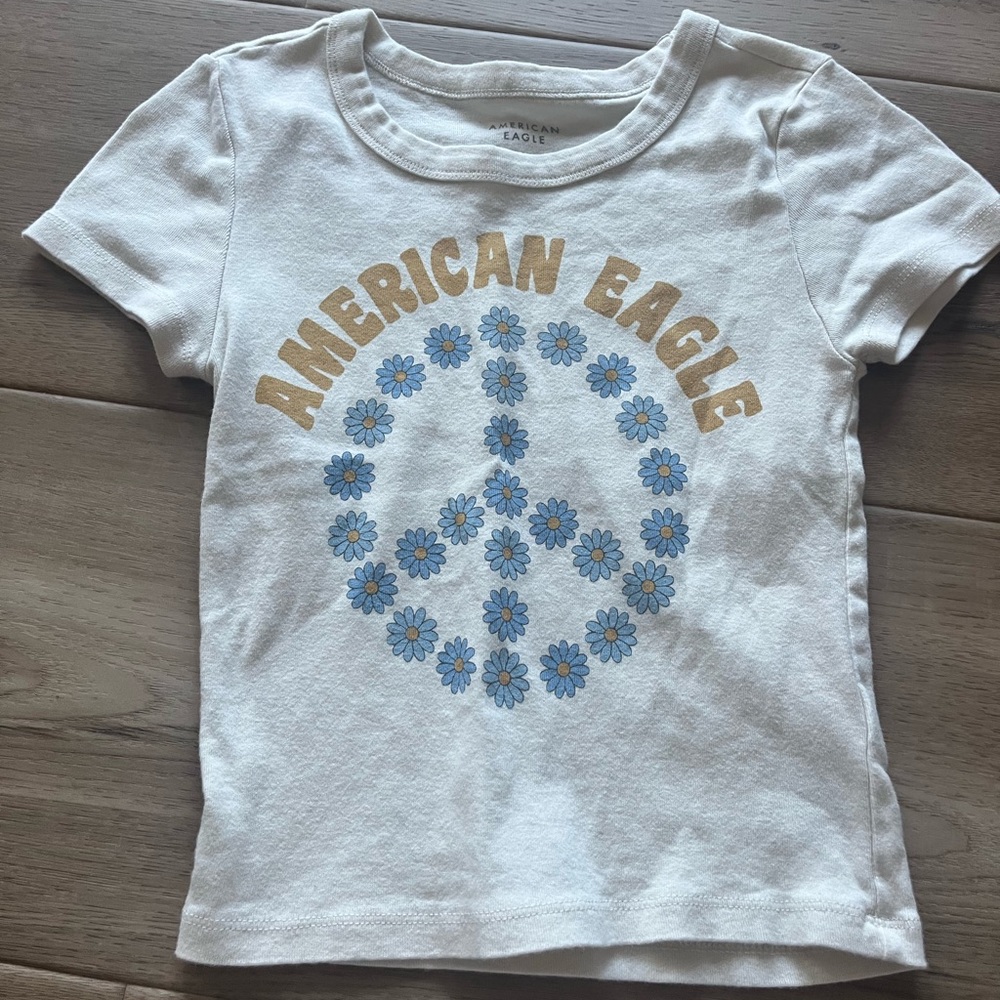 American Eagle Outfitters White Tee with Floral Peace Sign